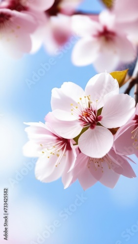 Cherry blossom flower blooming. Pink sakura flower background. Pink cherry blossom, isolated Sakura tree branch. For card, banner, invitation, social media post, poster, mobile apps, advertising. © Anzelika