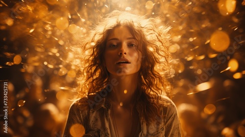 The image features a person with curly hair bathed in warm golden light that seems to emanate from behind, creating an ethereal and magical atmosphere. The individual appears contemplative or serene, 