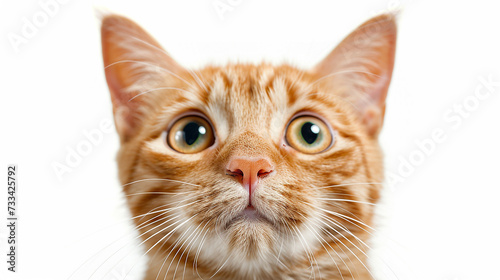 Cute ginger kitten lying on white background, looking at camera.