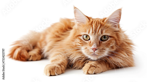 Cute ginger kitten lying on white background, looking at camera.