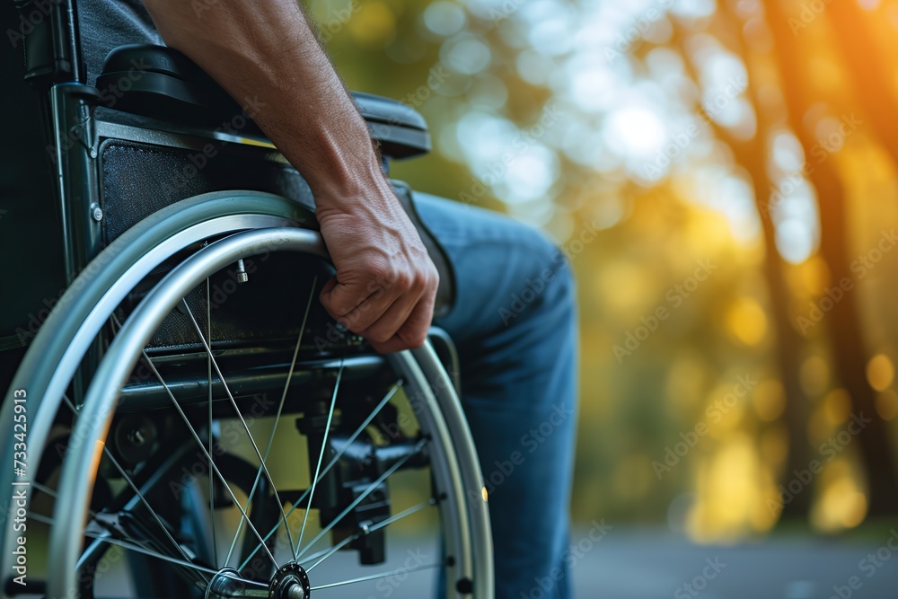 Male hand on wheelchair in the park with sunlights Male hand on wheelchair in the park with sunlights