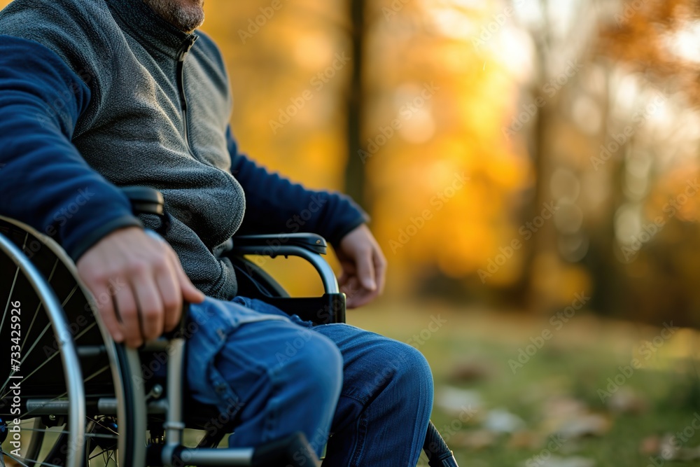 Obraz premium Male hand on wheelchair in the park with sunlights