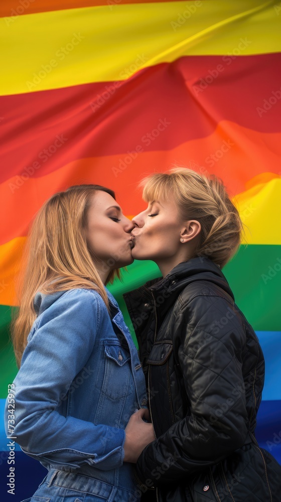 Obraz premium Lesbian couple kissing in front of the LGBT flag. Rainbow.