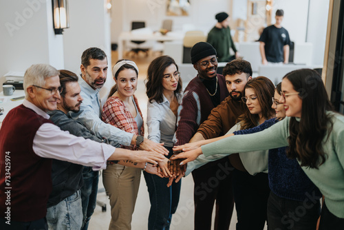 Obraz na plátně A close-knit group of diverse professionals join hands, symbolizing teamwork and unity at their modern office environment