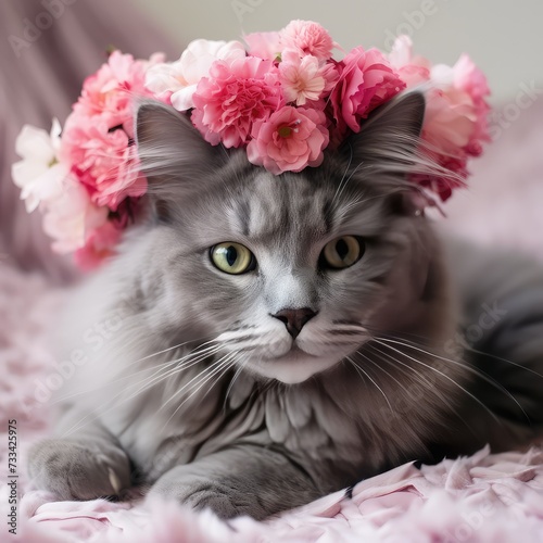 beautiful gray cat in a crown of pink flowers hd wallpaper © Rehman