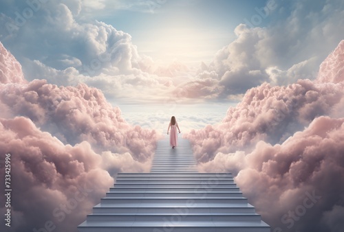 a woman walking up stairs to the sky photo