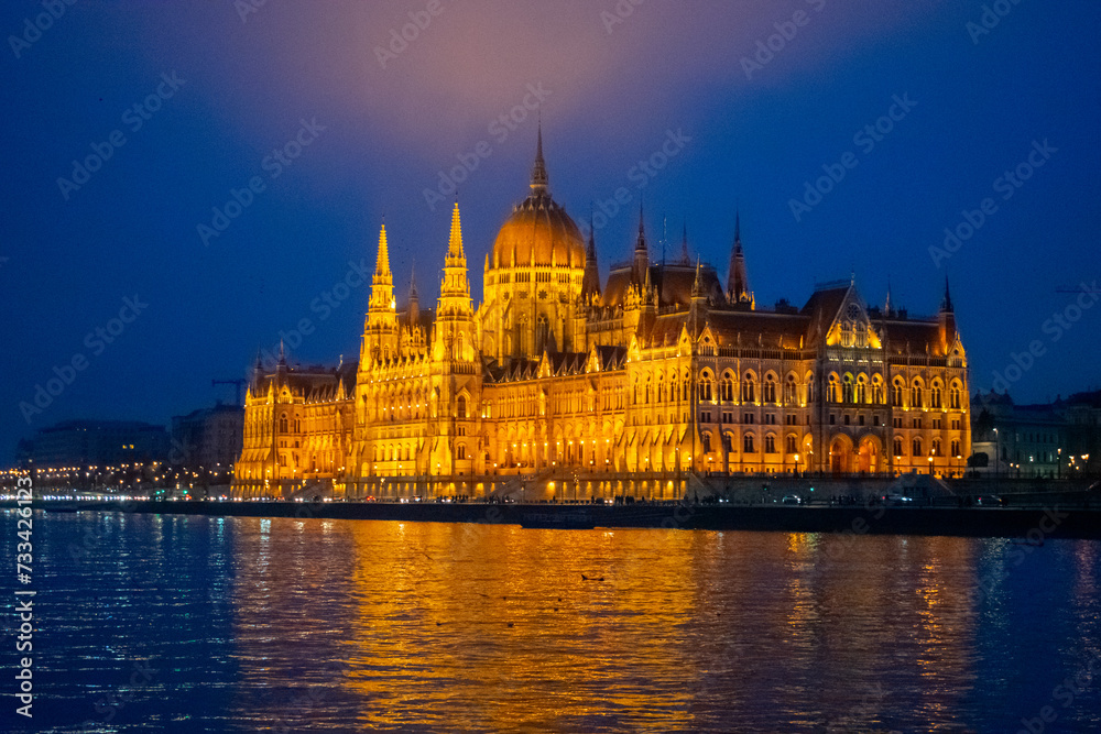 Parliament building in Budapest, Hungary at Night. Danube river and City at night