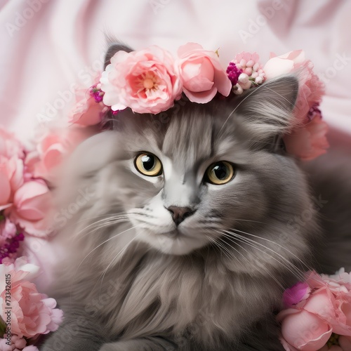 beautiful gray cat in a crown of pink flowers hd wallpaper © Rehman