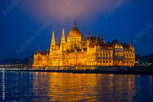 Parliament building in Budapest, Hungary at Night. Danube river and City at night