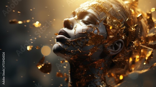 The image depicts a tranquil face in close-up with a glossy, golden texture that appears to be breaking apart, creating a shattered-glass effect. The golden fragments seem to float away from the face 