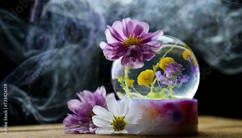 A nice pleasant, joyful fantasy artistic still-life with paints, soap bubbles, and flowers 