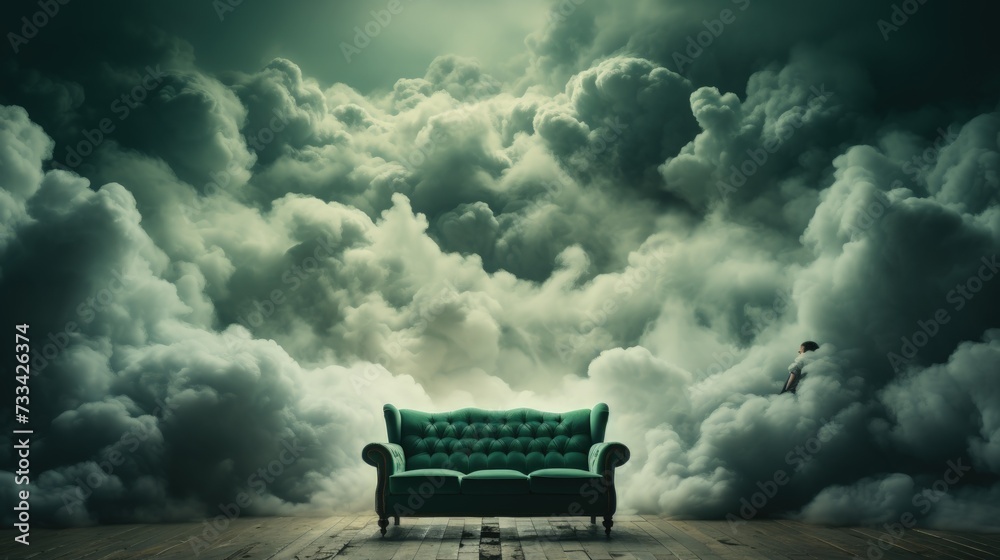 This image depicts a scene with a classic green sofa positioned centrally on a wooden floor, set against an overwhelming backdrop of dark, brooding storm clouds that fill the entire upper portion of t - obrazy, fototapety, plakaty 