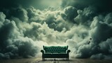 This image depicts a scene with a classic green sofa positioned centrally on a wooden floor, set against an overwhelming backdrop of dark, brooding storm clouds that fill the entire upper portion of t
