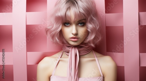 In this image, there is a young woman posing straight on towards the camera, displaying an alluring expression. She has short, curly pastel pink hair and is wearing a matching pink top with a high nec