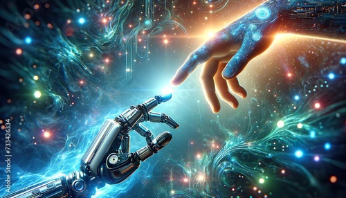 AI and human hand synergy, illustrating the advanced AI intelligence within technology, smart robot embodies the pinnacle of Artificial Intelligence, AI revolutionizing connectivity..