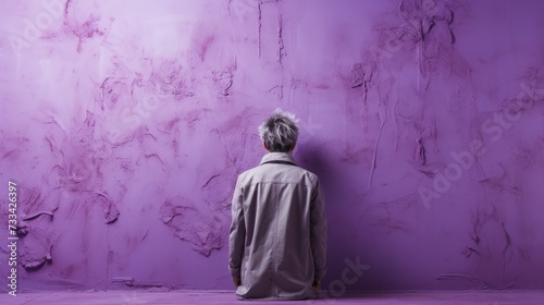 In this image, an individual with light-colored hair is seated on the ground with their legs folded beneath them, back turned to the camera, in a contemplative pose. They are dressed in a loose-fittin