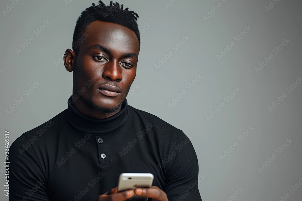 A stylish man gazes intently at his mobile phone, the stark white wall behind him serving as a backdrop for his serious expression and trendy clothing