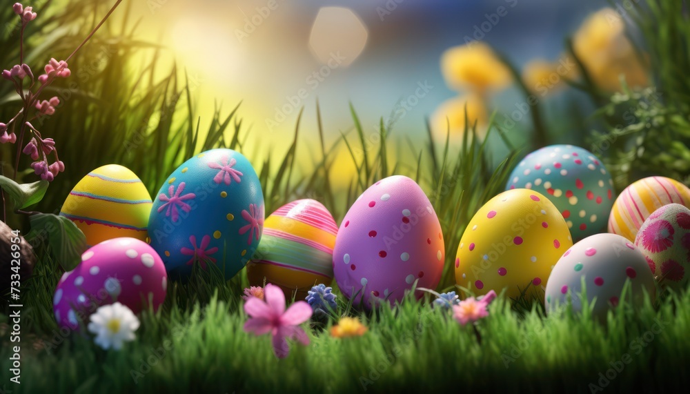Various Golden Easter eggs with spring pattern theme and spring flowers in Green Grass background