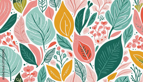 Abstract nature flower plant leaf art seamless pattern with colorful doodle shape. Organic leaves cartoon background, simple floral shapes in modern pastel colors. 