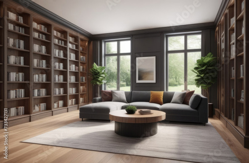 World Book and Copyright Day  international day of poets and writers  home library interior  wooden bookshelves  cozy lounge  gray sofa and coffee table