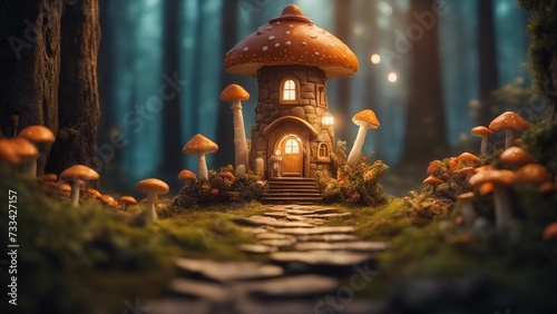 A fantasy lighthouse in a fairy tale forest, with mushrooms, flowers, 