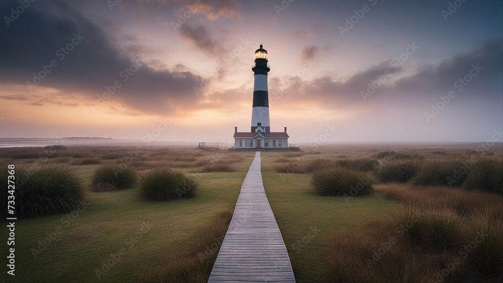 tower at sunset Dawn s early morning mist surrounds the Bodie Island Lighthouse in the Outer Banks  
