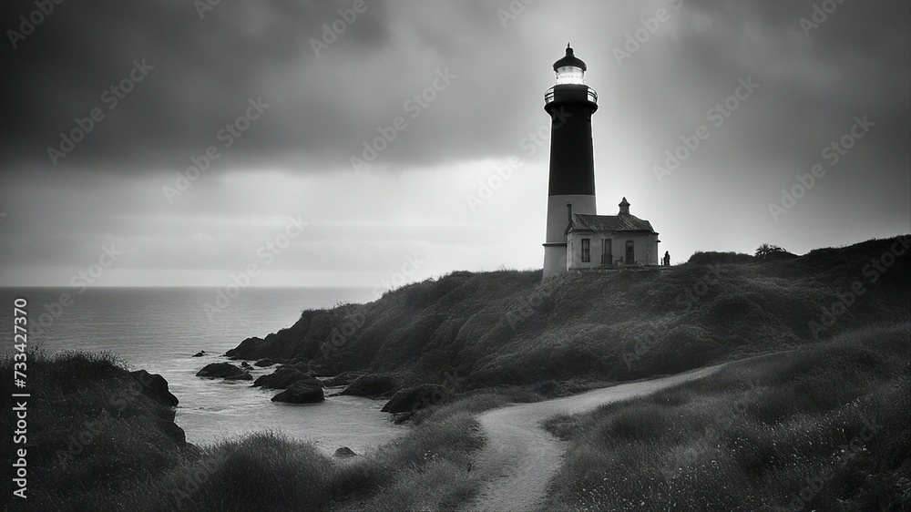 lighthouse on the coast black and white photo of A lighthouse in a fairy tale land, where a princess is trapped by a wicked witch