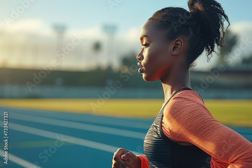 A determined woman, her face set with determination, races against the vibrant blue sky on an outdoor track, her athletic clothing flowing behind her as she embodies the strength and grace of a true 
