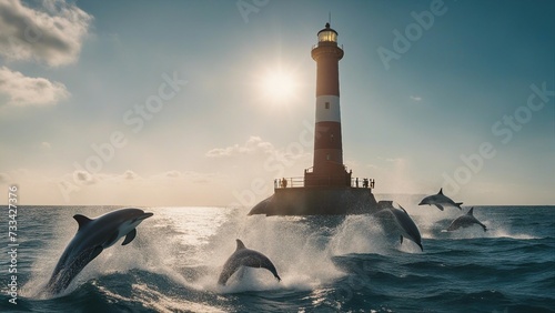 lighthouse in the sea _ the lighthouse is surrounded by a group of dolphins that are jumping and playing in the water. 
