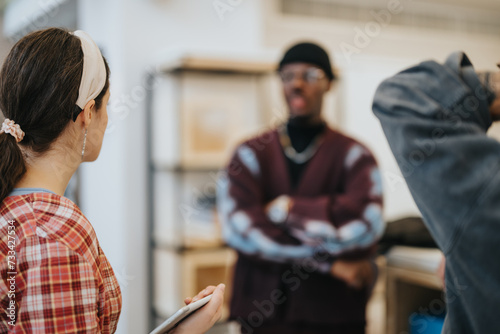 Two diverse professionals engaging in a discussion during a casual business meeting in a contemporary workspace environment.