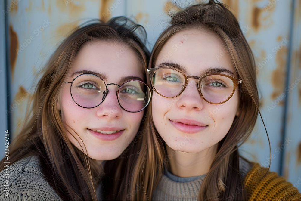 Cool hipster student twins girls wearing eyewear glasses . Caucasian female university student looking at camera smiling happy. Cool hipster student twins girls wearing eyewear glasses . Caucasian female university student looking at camera smiling happy.