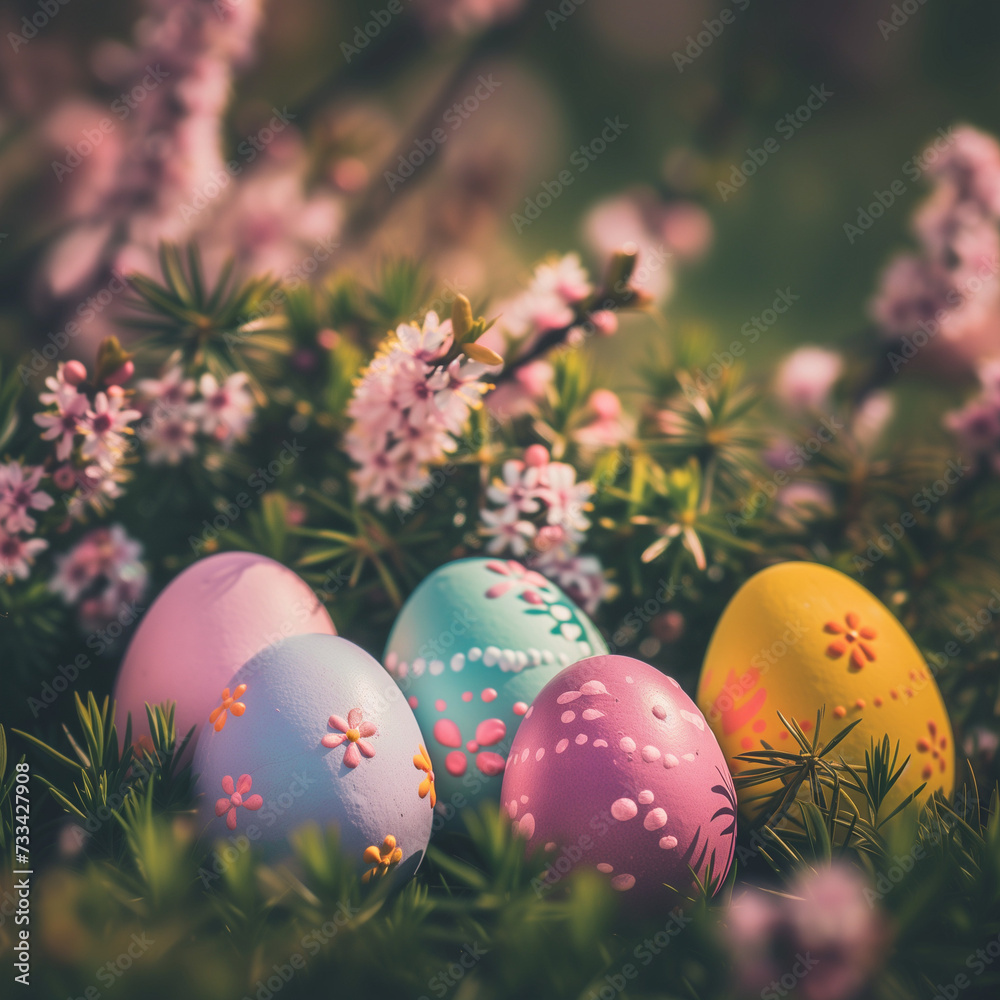 Colorful Easter Eggs Nestled in Spring Foliage