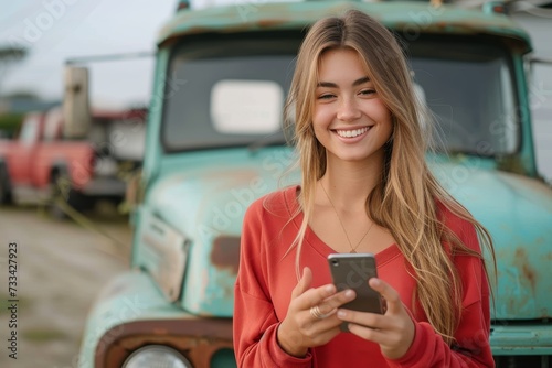 A radiant woman exudes joy as she poses confidently with a phone in hand, standing next to a vibrant red car while the wheels of a truck turn in the background