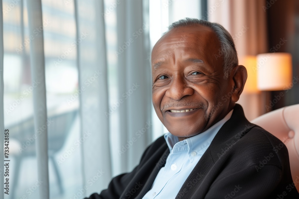 Smiling senior black man posing inside a room looking at the camera Smiling senior black man posing inside a room looking at the camera