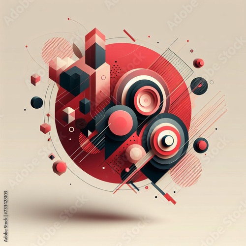 Abstract music background with speakers  arrows  circles and geometric shapes  vibrant colors  red patter  banner element