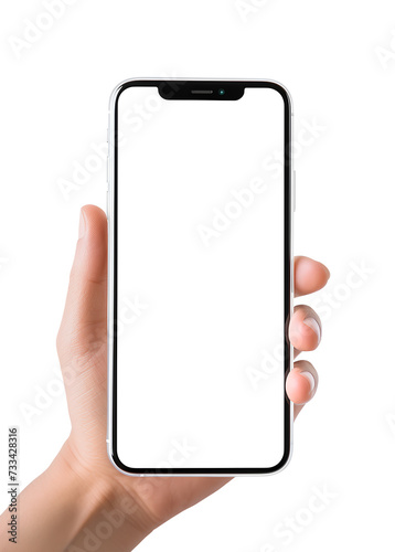 Modern smartphone with transparent screen in hand on transparent background.