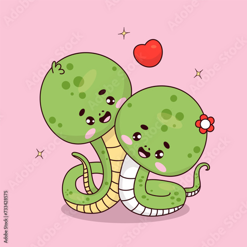 Couple cute snake in love. Romantic reptile girl and boy with heart kawaii characters. Vector illustration.