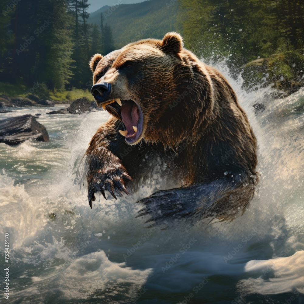 Grizzly Bear Painting in a River. Generative AI. Grizzly Bear Painting in a River. Generative AI.