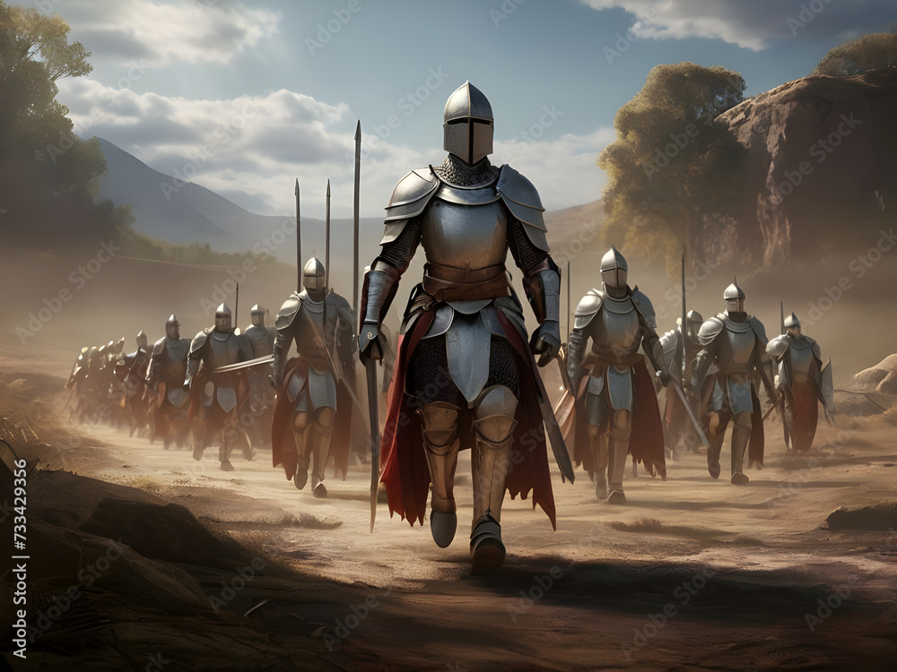 A legion of knights in shining armor, carrying swords and spears, stand ...