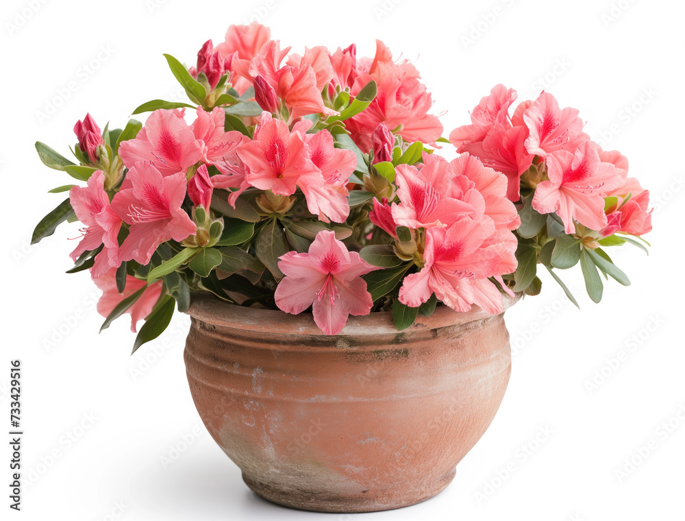 A captivating image of blooming pink azaleas in a terracotta pot, isolated on a white background, exuding the freshness of spring.