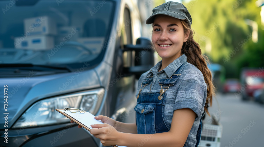 Caucasian woman in overalls checking documents of parcel boxes at cargo truck. Caucasian woman in overalls checking documents of parcel boxes at cargo truck.