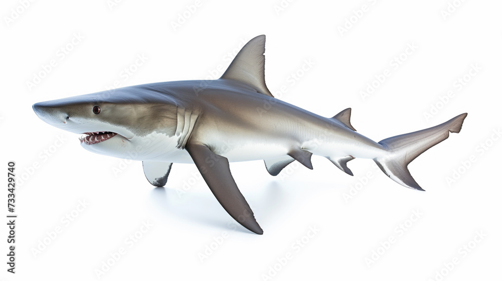 A highly detailed image capturing the elegance and power of a great white shark, isolated on a white background, showcasing its streamlined body and formidable jaws. A highly detailed image capturing the elegance and power of a great white shark, isolated on a white background, showcasing its streamlined body and formidable jaws.