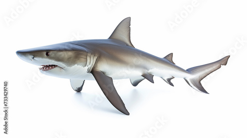 A highly detailed image capturing the elegance and power of a great white shark, isolated on a white background, showcasing its streamlined body and formidable jaws. © Sviatlana