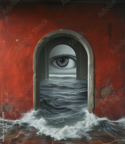 Eye looking through the portal with ocean waves crashing. Identity, personal yourney surreal background. photo