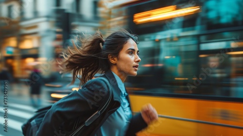 Hurry Up! Indian Woman in Office Attire Chasing the Bus generative ai
