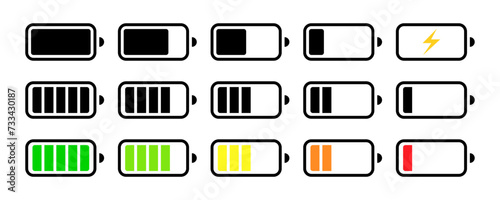 battery icon, charger icon. battery charge level icons set. battery Charging indicators icon , full, empty, high, low, sign