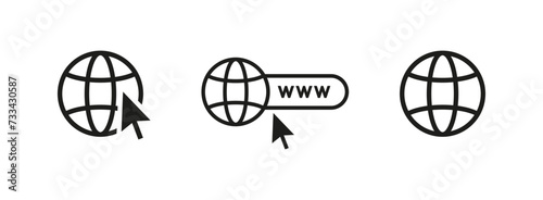 Web globe icon vector with mouse cursor icon. Website icon set. www world global icons. click to go to website icon