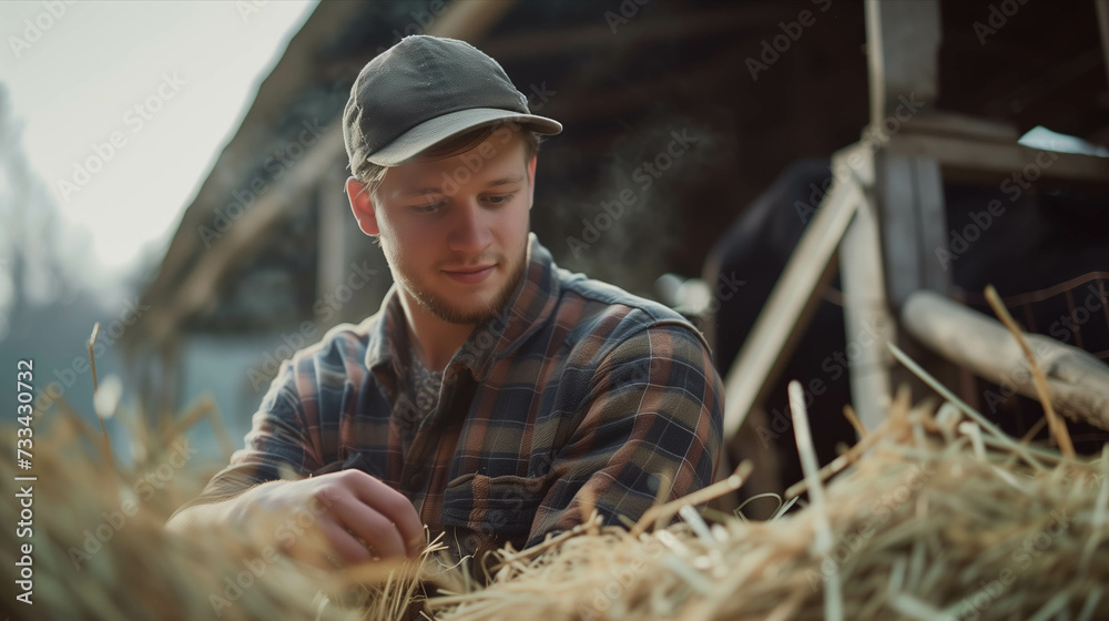 Caucasian man is working on a cattle farm.