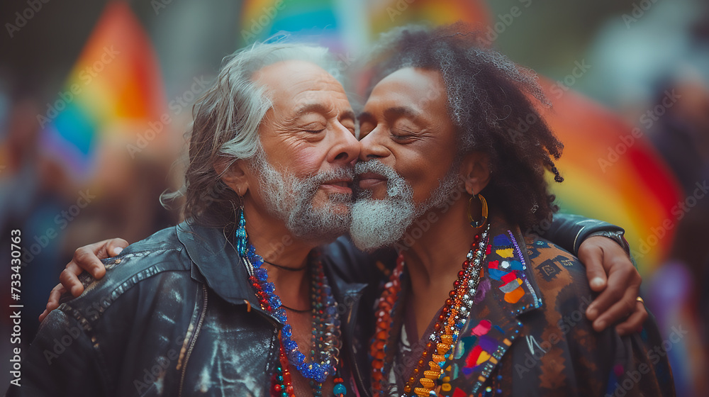 Gay couple celebrating pride month. LGBTQ community, support, gay pride month, Equality symbols 