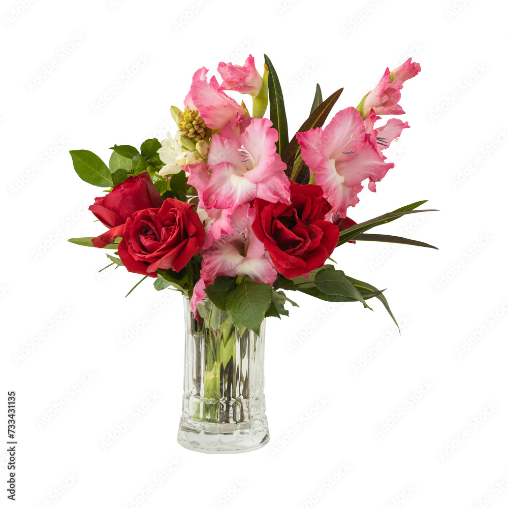 Bouquet of mixed flowers and leaves in vase isolated on transparent background